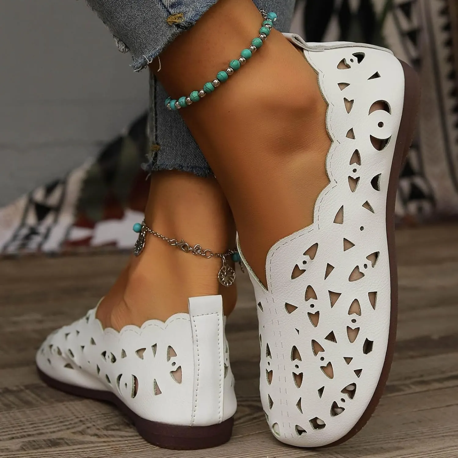 Women's Hollow Shallow Shoes Summer Breathable Single Shoe Casual Vintage Boho Slip on Loafer Flat Sandals