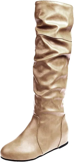 Womens Knee High Boots No Heel,Casual Pull On Tall Boots Slouchy Leather Flat Booties Wide Calf Boots for Women 2024
