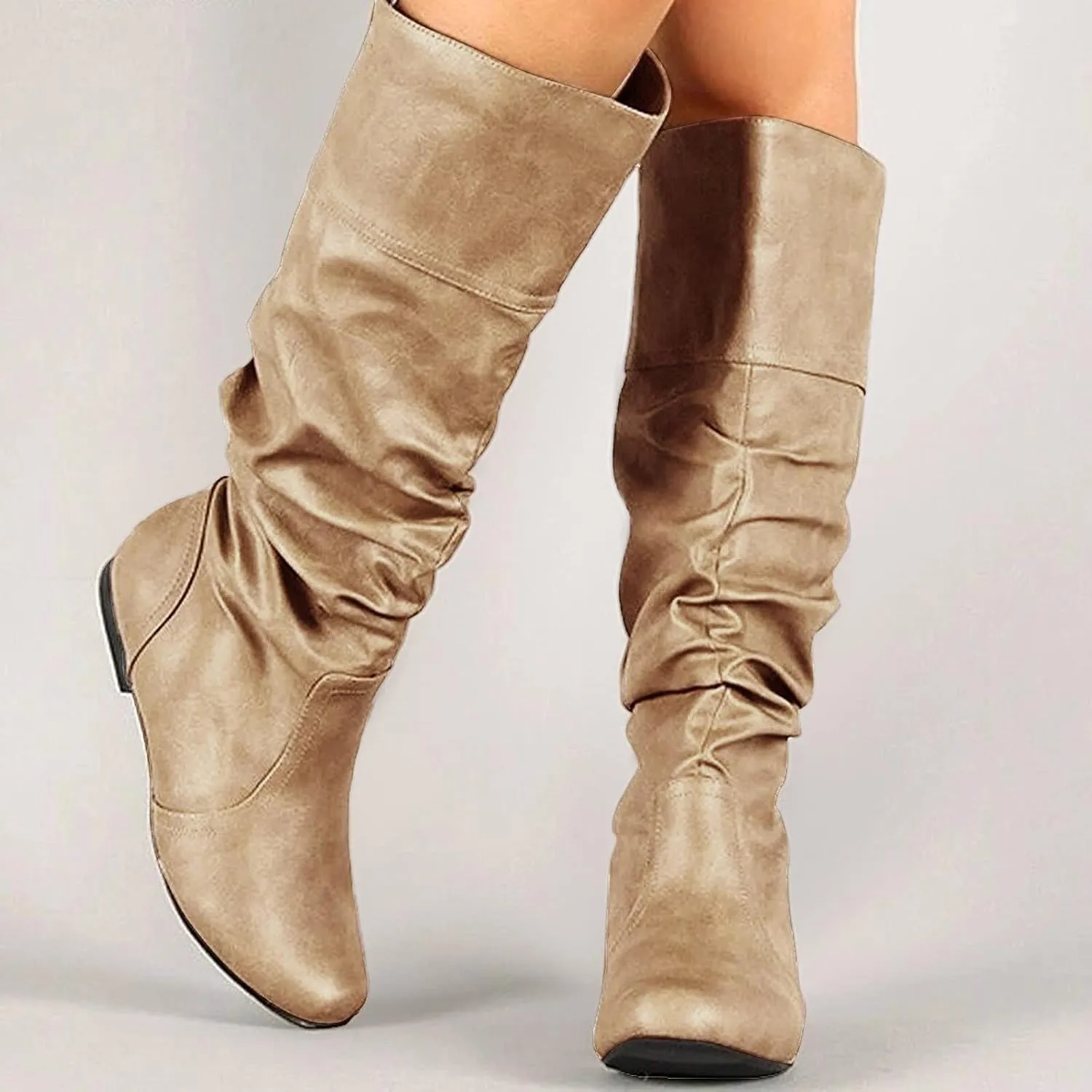 Womens Knee High Boots No Heel,Casual Pull On Tall Boots Slouchy Leather Flat Booties Wide Calf Boots for Women 2024