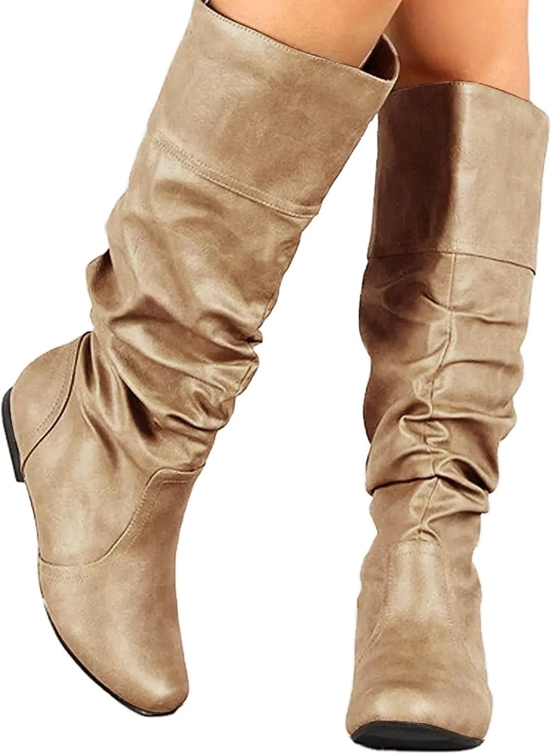 Womens Knee High Boots No Heel,Casual Pull On Tall Boots Slouchy Leather Flat Booties Wide Calf Boots for Women 2024