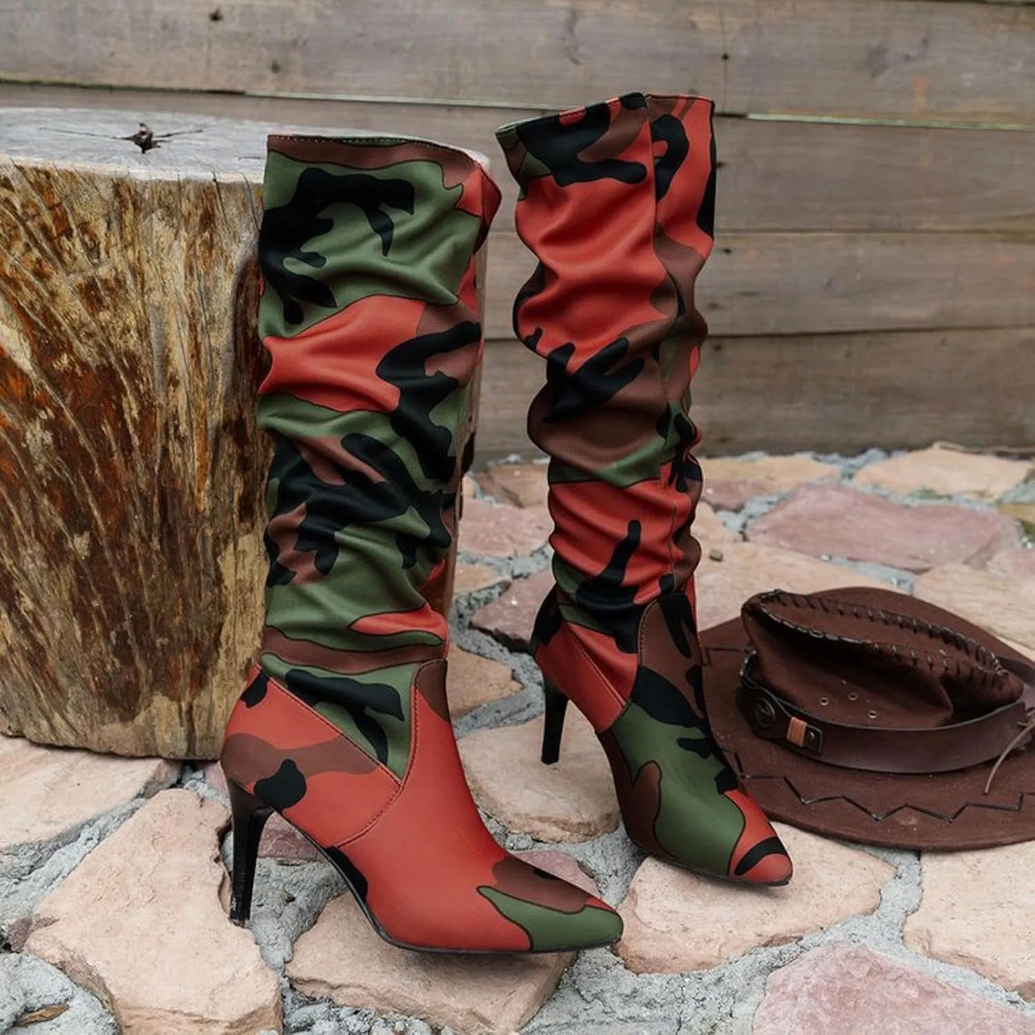 Womens Knee High Boots Wide Calf,Camouflage Stiletto Heel Tall Boots Slouchy Pull On Combat Boots Fashion Long Boots