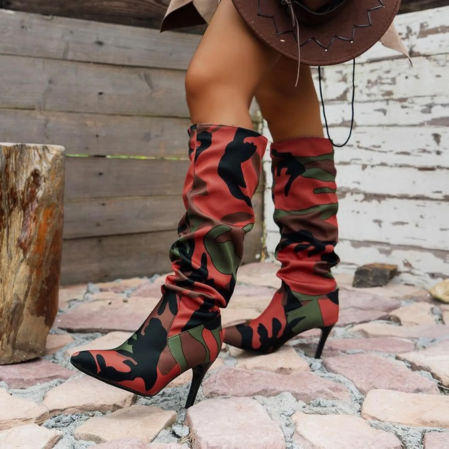 Womens Knee High Boots Wide Calf,Camouflage Stiletto Heel Tall Boots Slouchy Pull On Combat Boots Fashion Long Boots