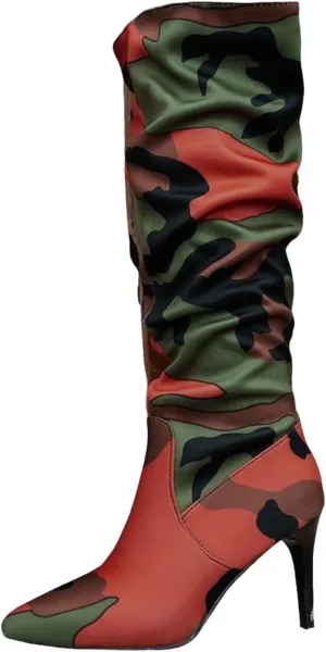 Womens Knee High Boots Wide Calf,Camouflage Stiletto Heel Tall Boots Slouchy Pull On Combat Boots Fashion Long Boots