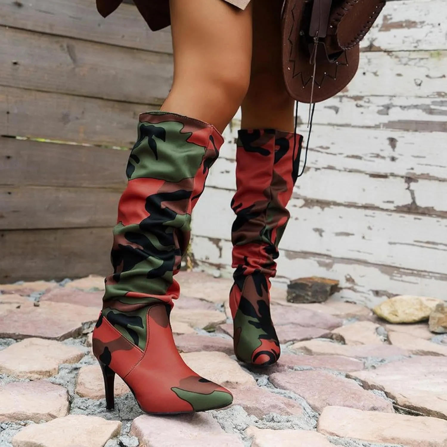 Womens Knee High Boots Wide Calf,Camouflage Stiletto Heel Tall Boots Slouchy Pull On Combat Boots Fashion Long Boots