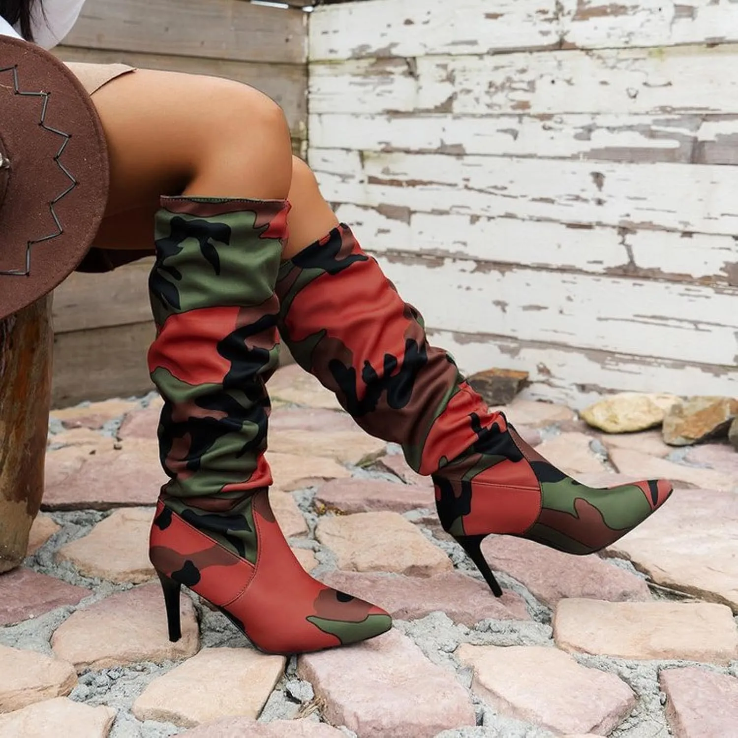Womens Knee High Boots Wide Calf,Camouflage Stiletto Heel Tall Boots Slouchy Pull On Combat Boots Fashion Long Boots