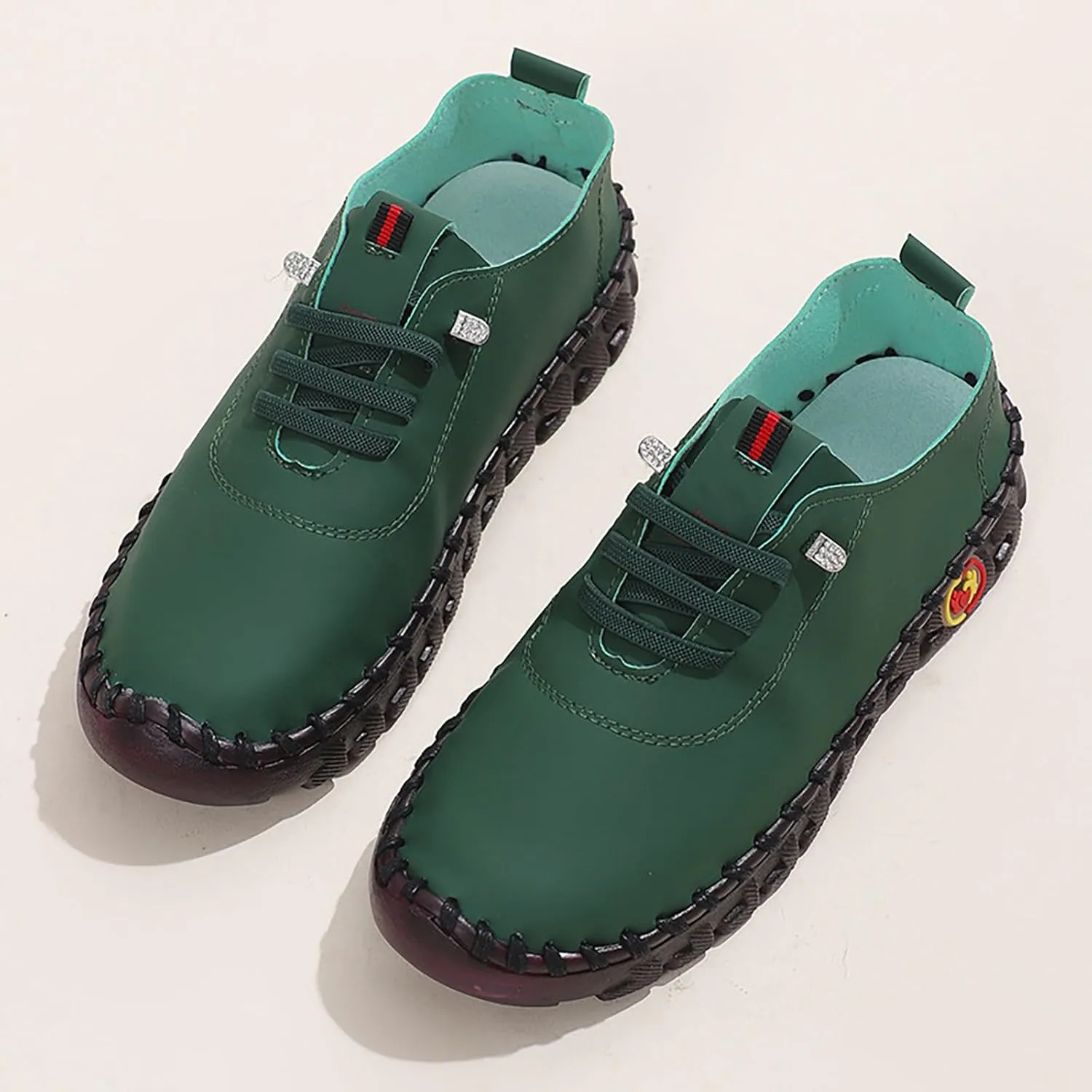Women's Leather Soft Flat Beef Tendon Bottom Loafers Lace Up Shoes Arch Support Hands Slip on Sneakers