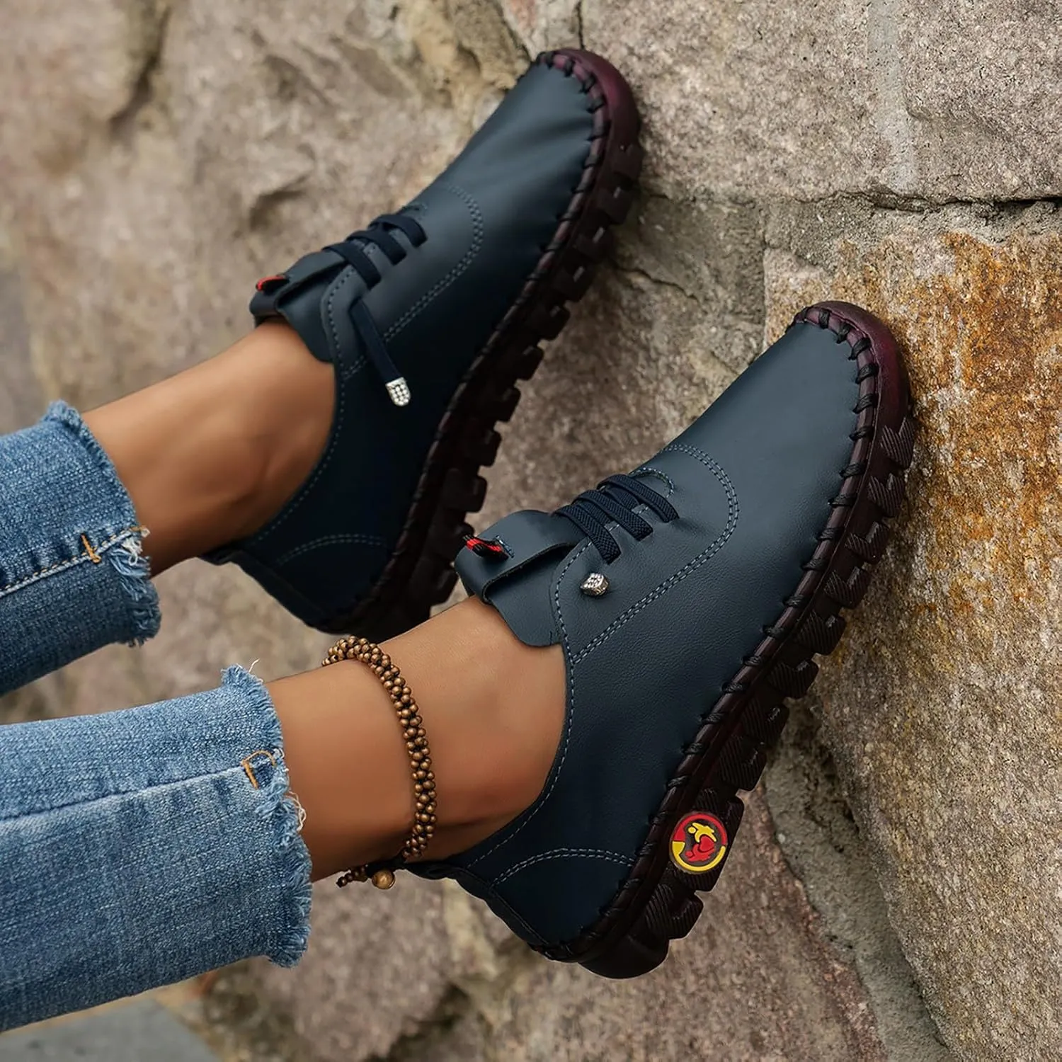Women's Leather Soft Flat Beef Tendon Bottom Loafers Lace Up Shoes Arch Support Hands Slip on Sneakers