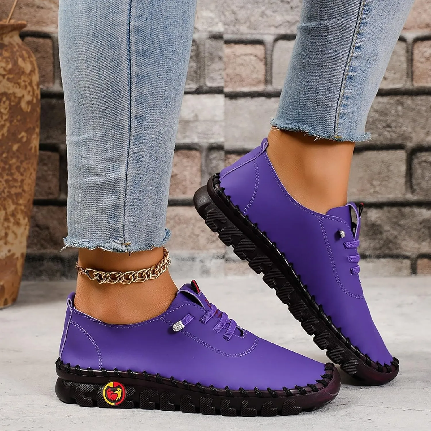 Women's Leather Soft Flat Beef Tendon Bottom Loafers Lace Up Shoes Arch Support Hands Slip on Sneakers