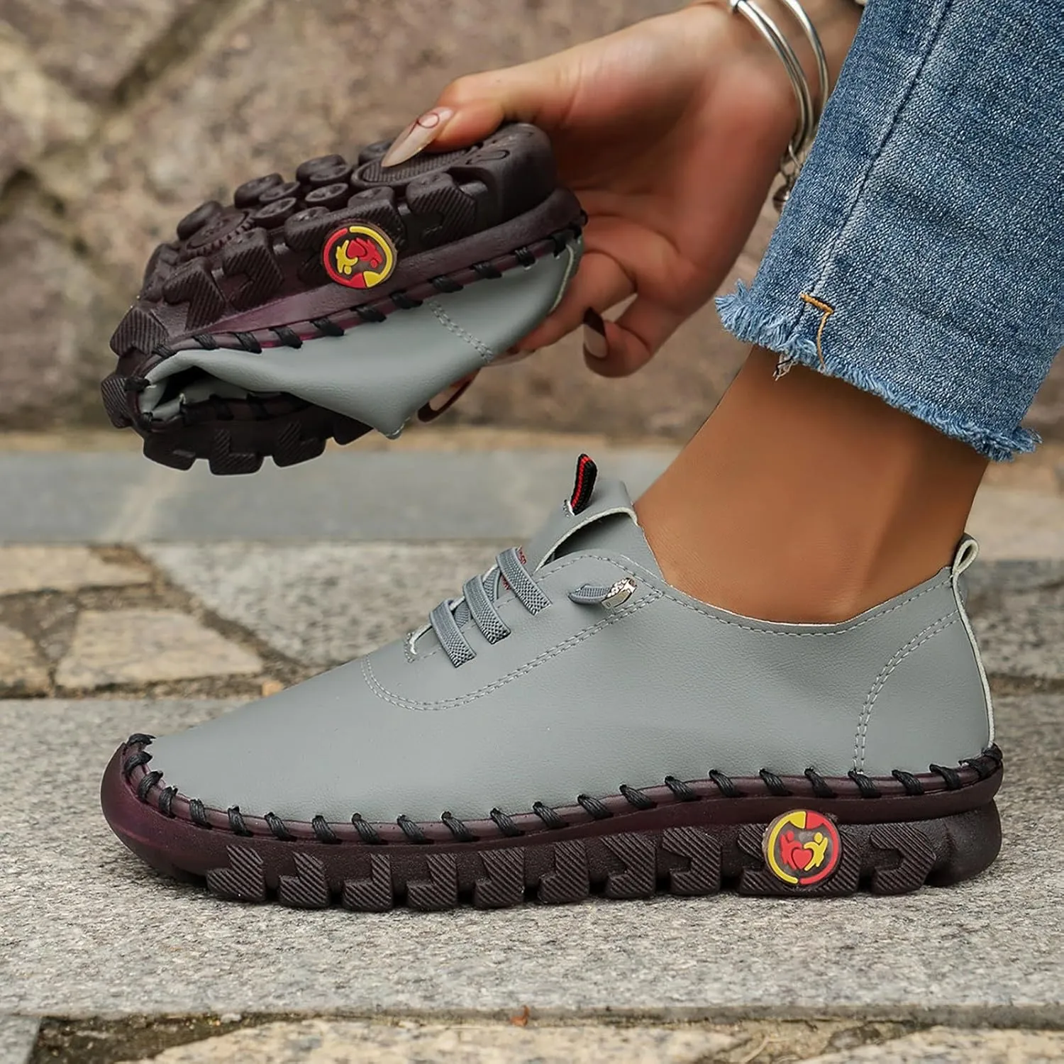 Women's Leather Soft Flat Beef Tendon Bottom Loafers Lace Up Shoes Arch Support Hands Slip on Sneakers