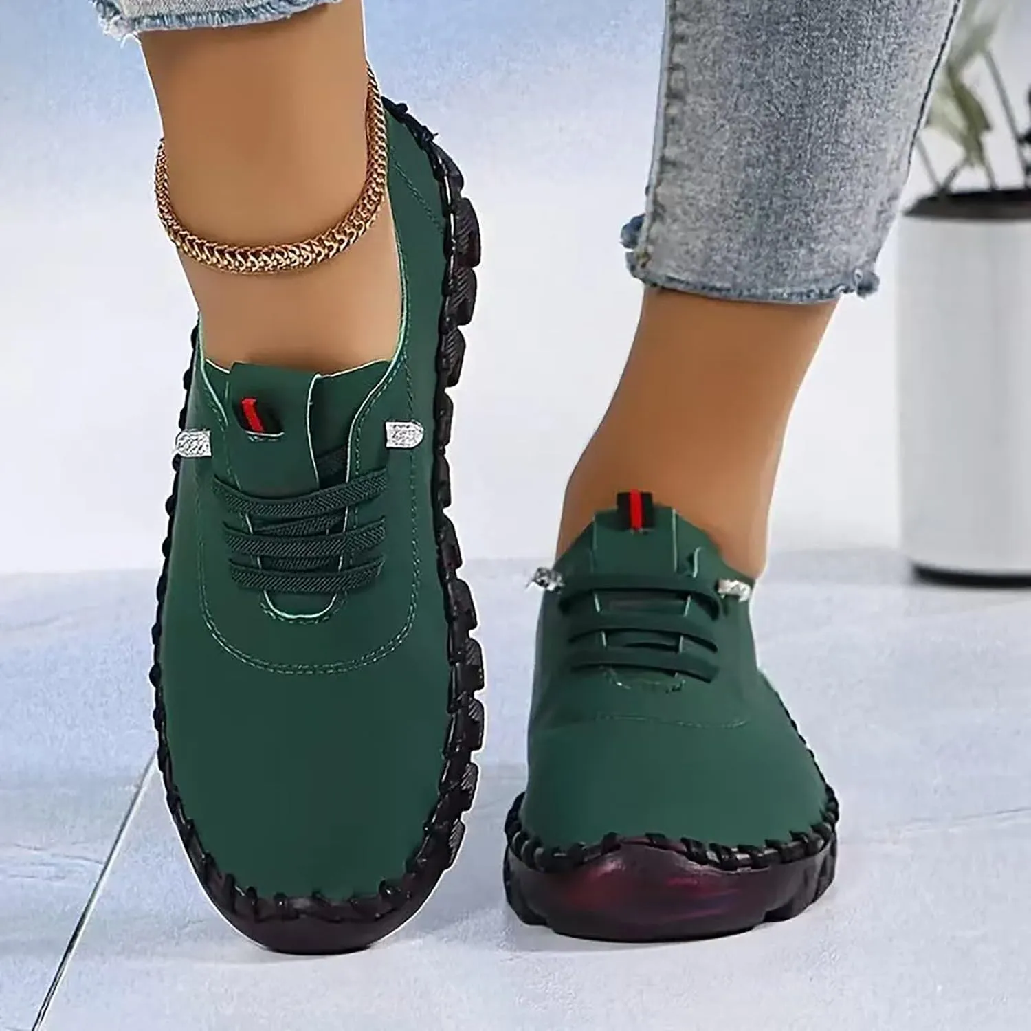 Women's Leather Soft Flat Beef Tendon Bottom Loafers Lace Up Shoes Arch Support Hands Slip on Sneakers