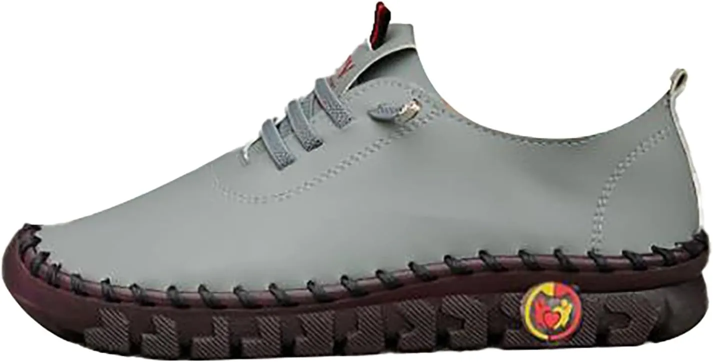 Women's Leather Soft Flat Beef Tendon Bottom Loafers Lace Up Shoes Arch Support Hands Slip on Sneakers