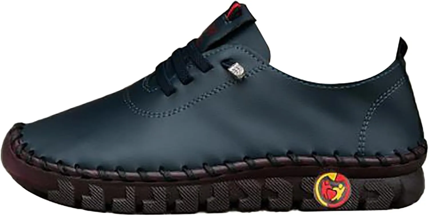 Women's Leather Soft Flat Beef Tendon Bottom Loafers Lace Up Shoes Arch Support Hands Slip on Sneakers