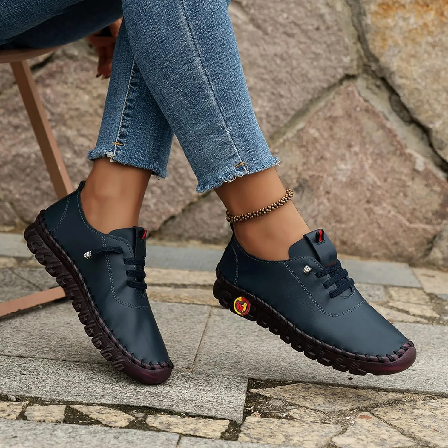 Women's Leather Soft Flat Beef Tendon Bottom Loafers Lace Up Shoes Arch Support Hands Slip on Sneakers