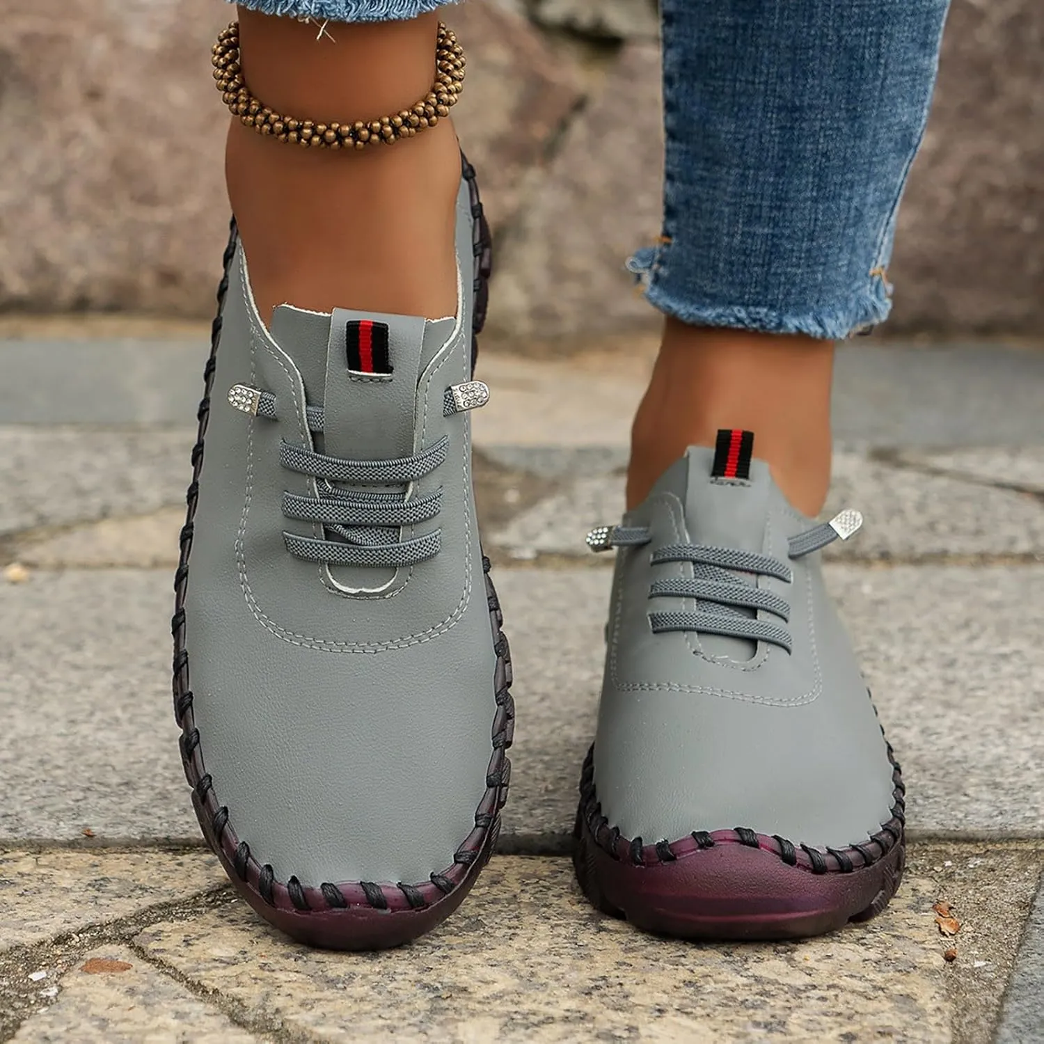 Women's Leather Soft Flat Beef Tendon Bottom Loafers Lace Up Shoes Arch Support Hands Slip on Sneakers