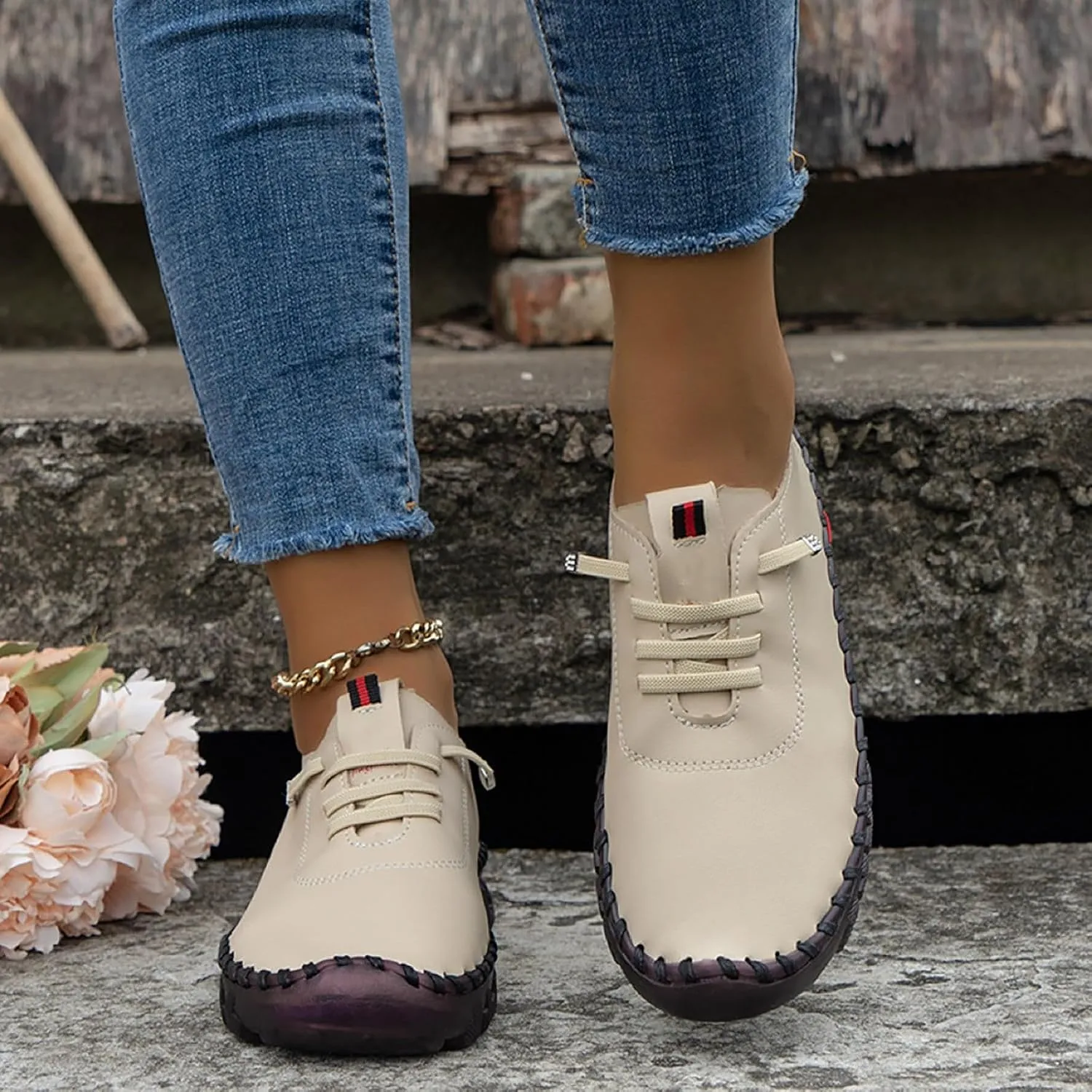 Women's Leather Soft Flat Beef Tendon Bottom Loafers Lace Up Shoes Arch Support Hands Slip on Sneakers
