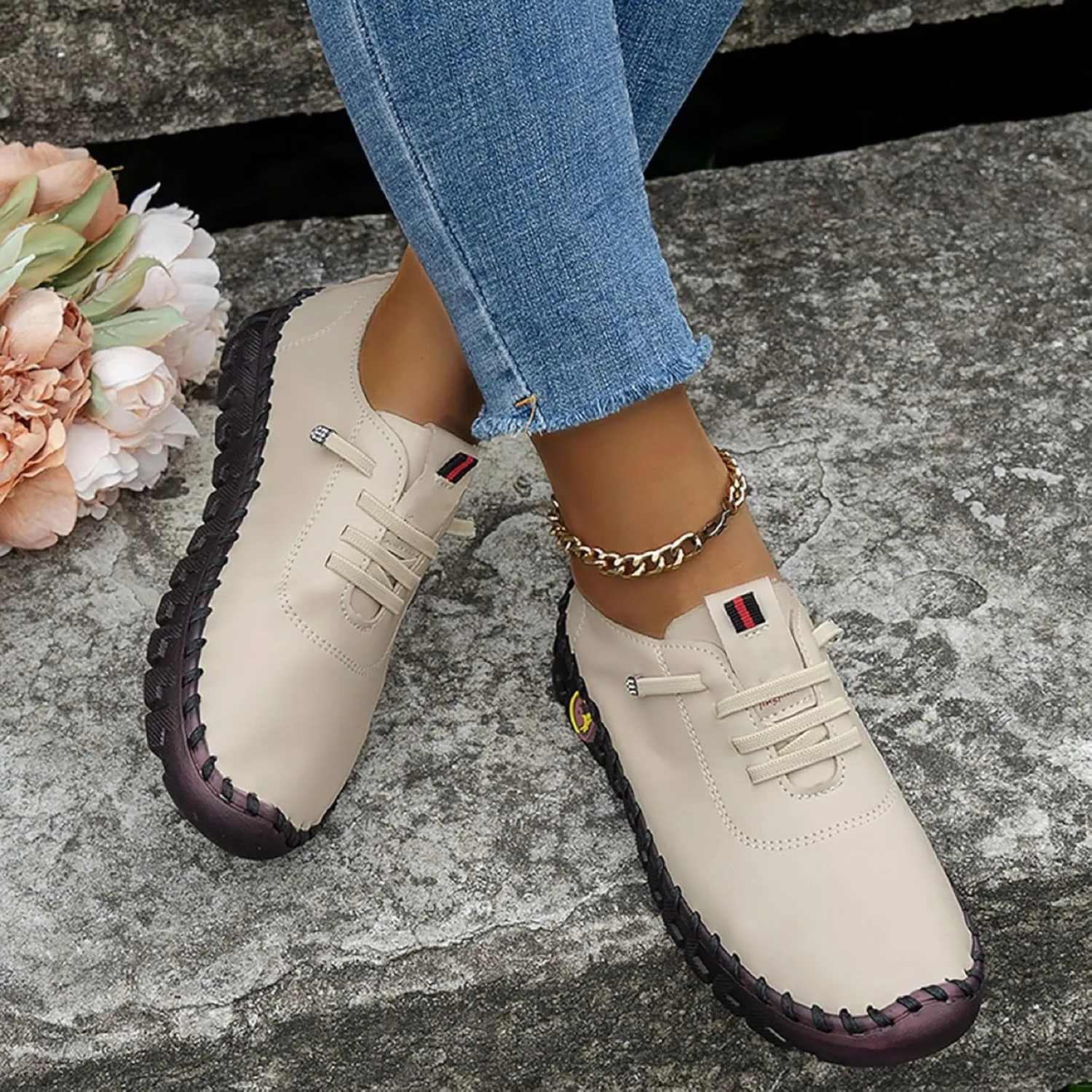 Women's Leather Soft Flat Beef Tendon Bottom Loafers Lace Up Shoes Arch Support Hands Slip on Sneakers