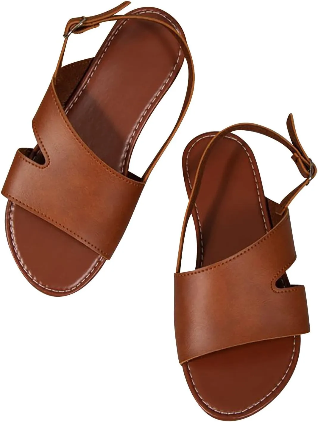Women's Leather Thick Strappy Sandals Hook and Eye Casual Shoe Summer Spring Flats Vacation Comfy Beach Sandal