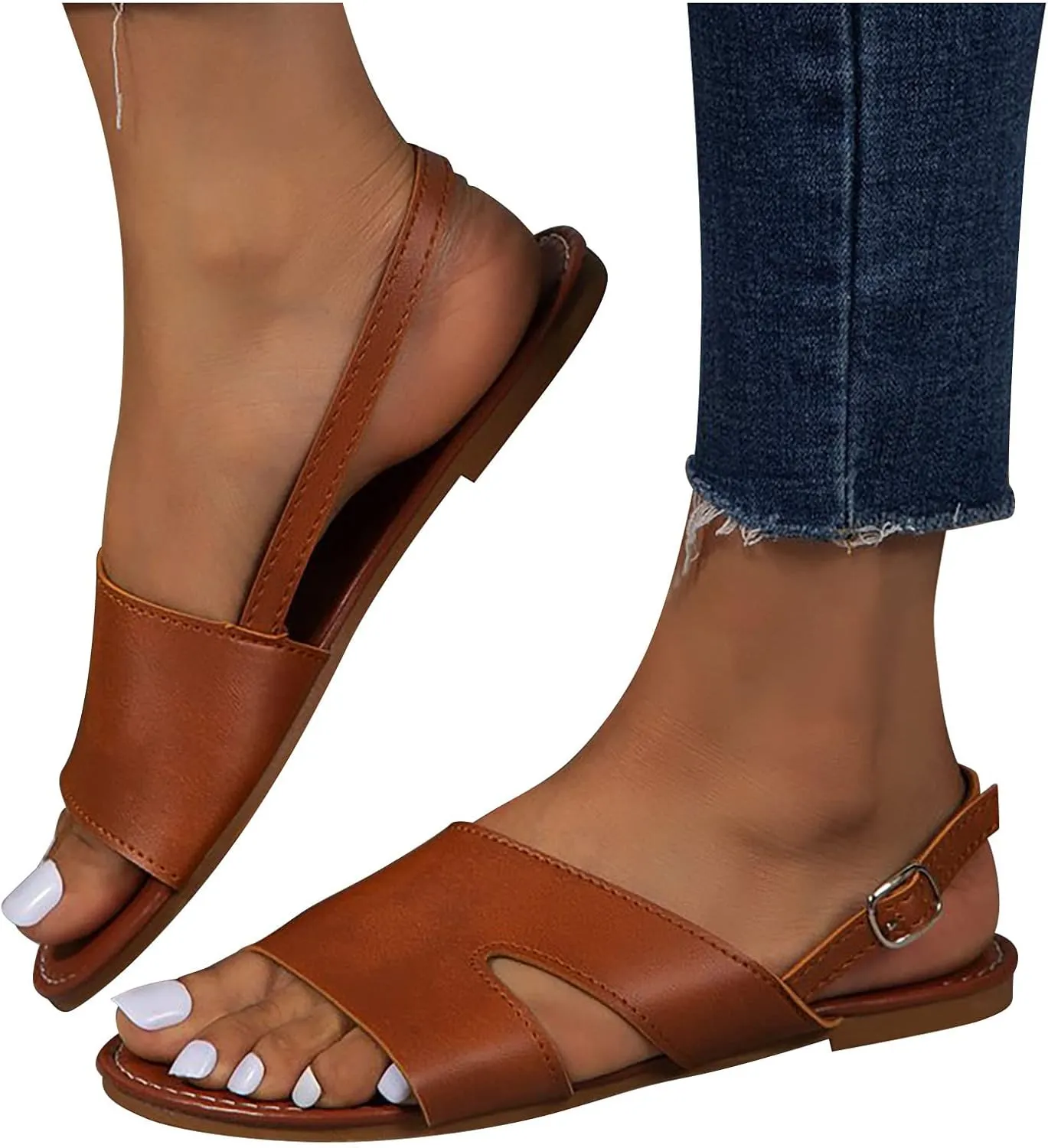 Women's Leather Thick Strappy Sandals Hook and Eye Casual Shoe Summer Spring Flats Vacation Comfy Beach Sandal