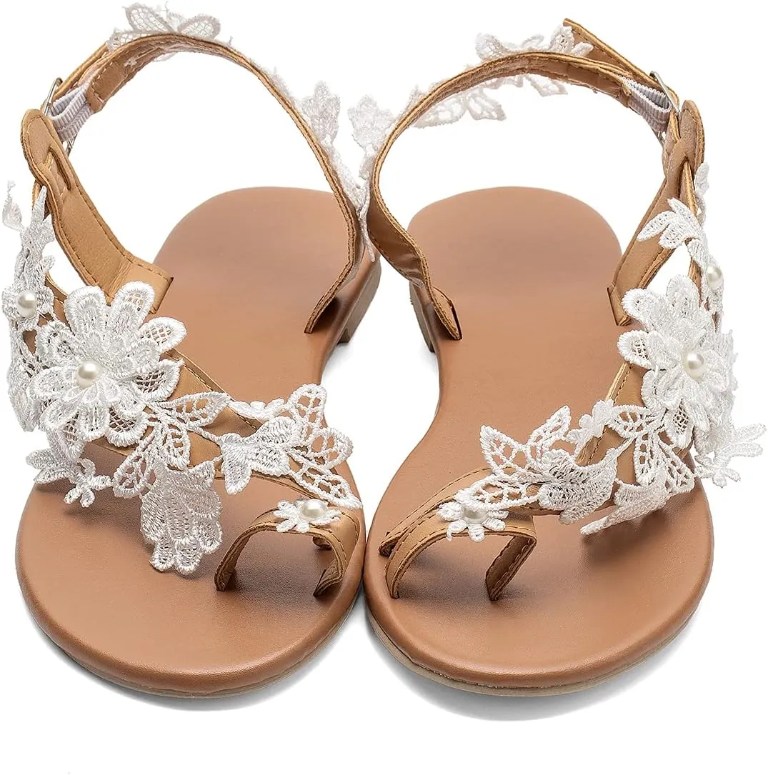 Women's Sandals Flat Clip Toe Casual Lace Floral Beach Flip Flop Comfy Shoes Summer Elegant Toe Ring Roman Sandals Comfy Dress