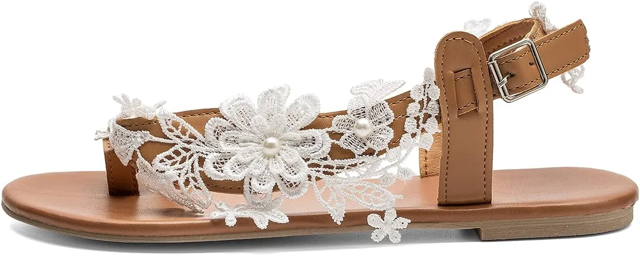 Women's Sandals Flat Clip Toe Casual Lace Floral Beach Flip Flop Comfy Shoes Summer Elegant Toe Ring Roman Sandals Comfy Dress