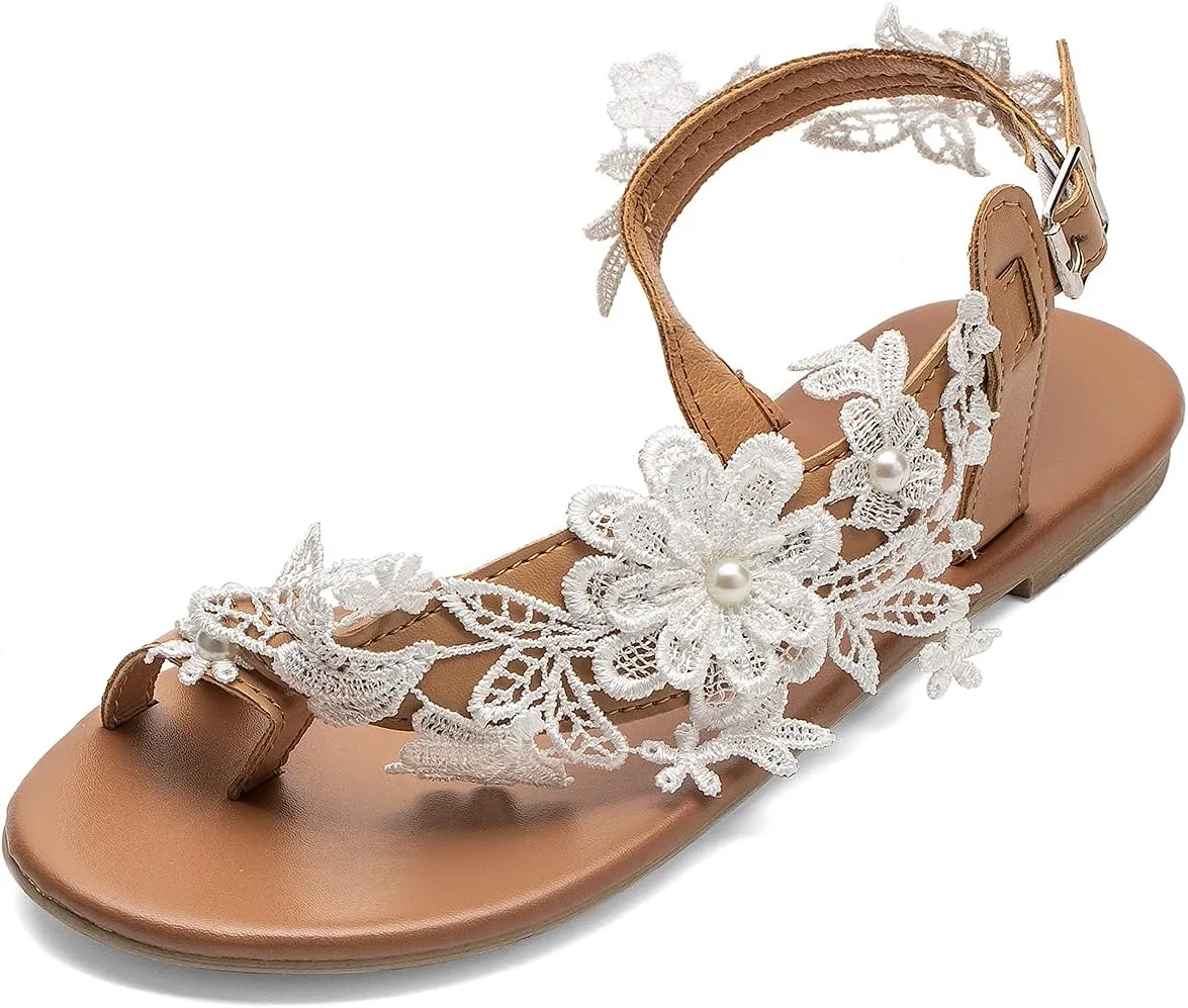 Women's Sandals Flat Clip Toe Casual Lace Floral Beach Flip Flop Comfy Shoes Summer Elegant Toe Ring Roman Sandals Comfy Dress
