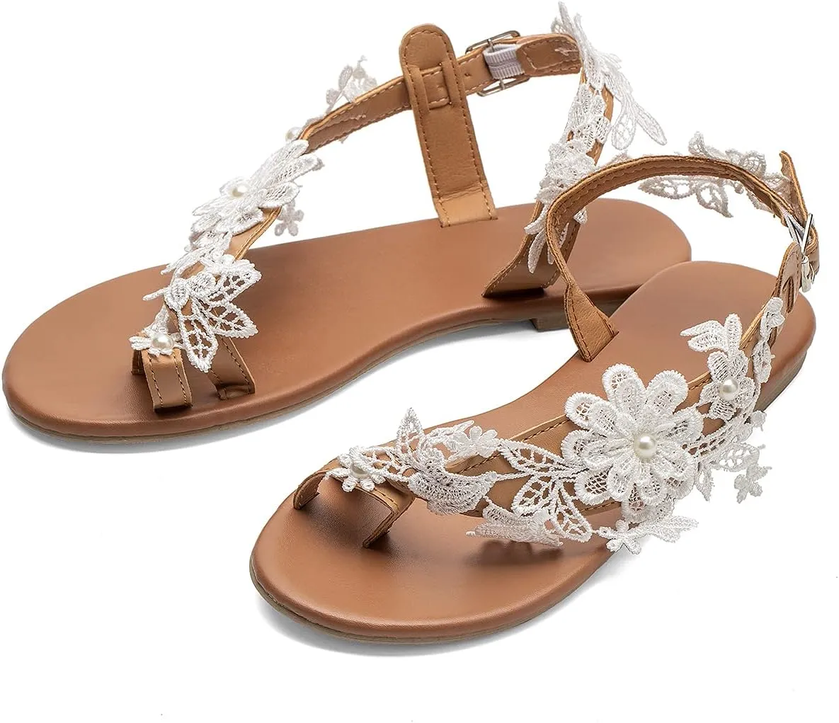 Women's Sandals Flat Clip Toe Casual Lace Floral Beach Flip Flop Comfy Shoes Summer Elegant Toe Ring Roman Sandals Comfy Dress