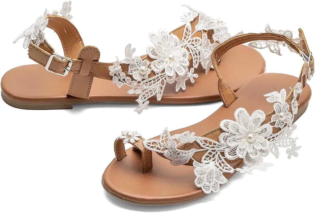 Women's Sandals Flat Clip Toe Casual Lace Floral Beach Flip Flop Comfy Shoes Summer Elegant Toe Ring Roman Sandals Comfy Dress