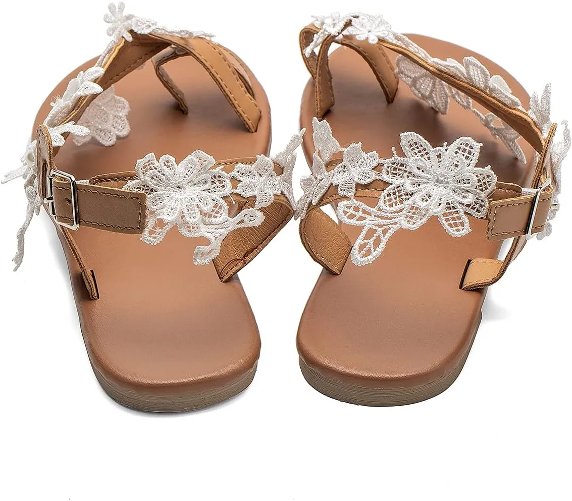 Women's Sandals Flat Clip Toe Casual Lace Floral Beach Flip Flop Comfy Shoes Summer Elegant Toe Ring Roman Sandals Comfy Dress