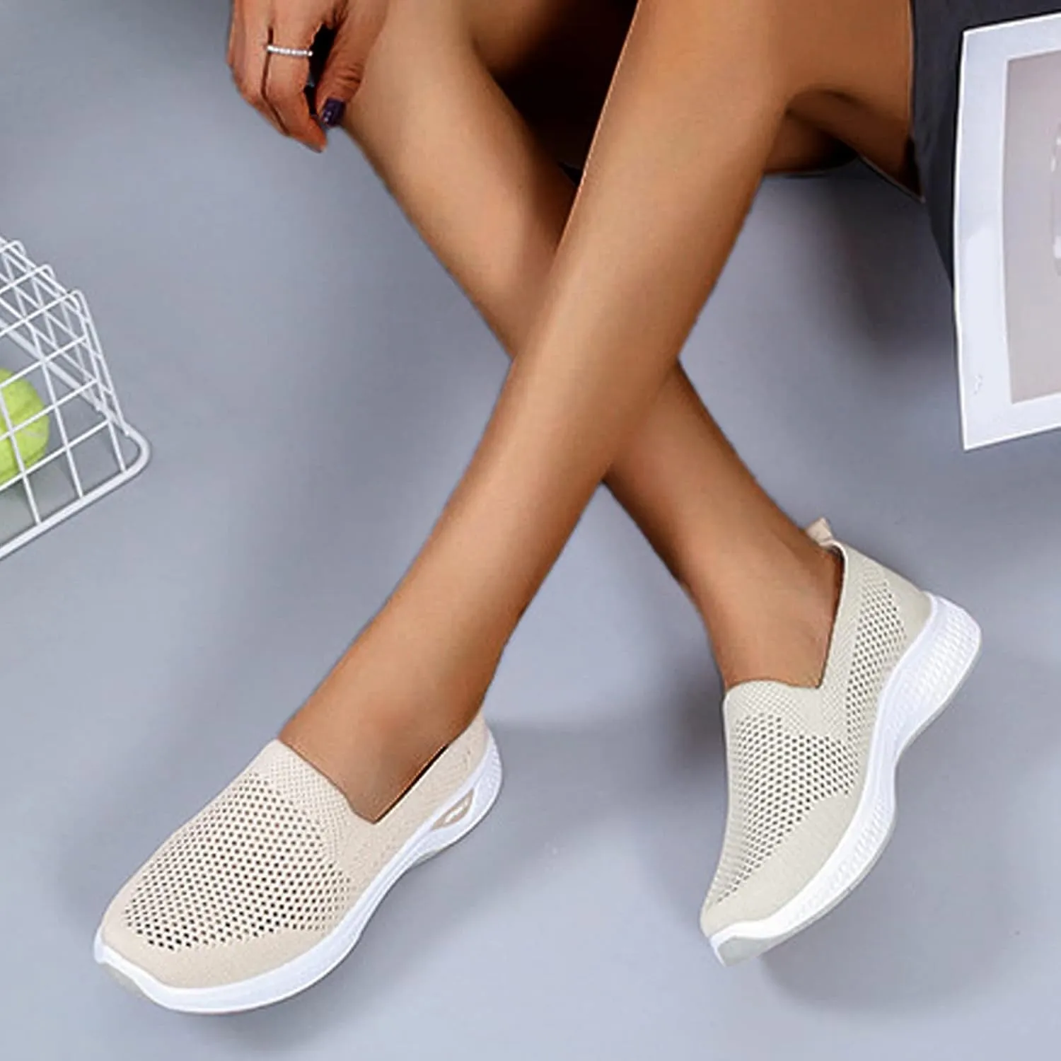Women's Slip on Sneakers Shoes Woven Orthopedic Breathable Soft Shoes Walking Diabetic Foam Shoes Hands Free Slip in