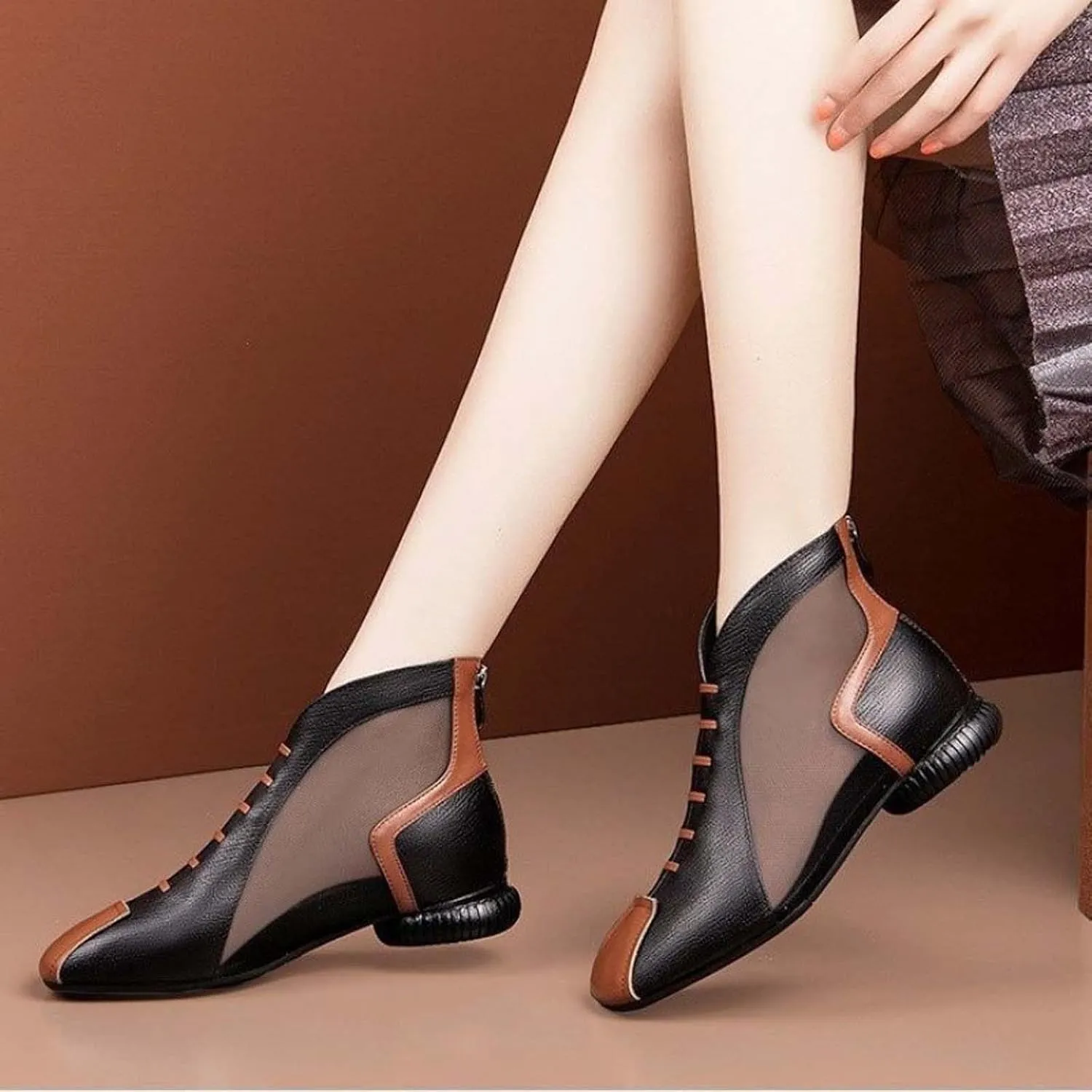 Womens Summer Breathable Mesh Ankle Boots Casual Lightweight Walking Booties Color Block Imitation Leather Boot 2025 New