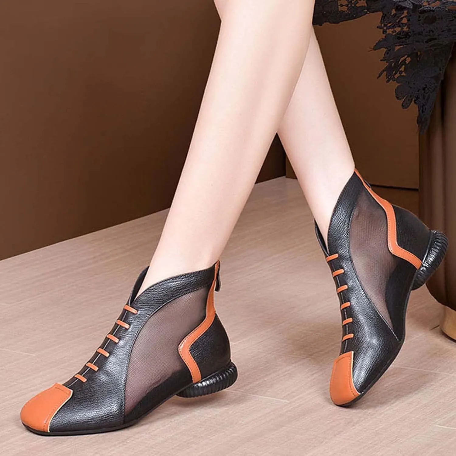 Womens Summer Breathable Mesh Ankle Boots Casual Lightweight Walking Booties Color Block Imitation Leather Boot 2025 New