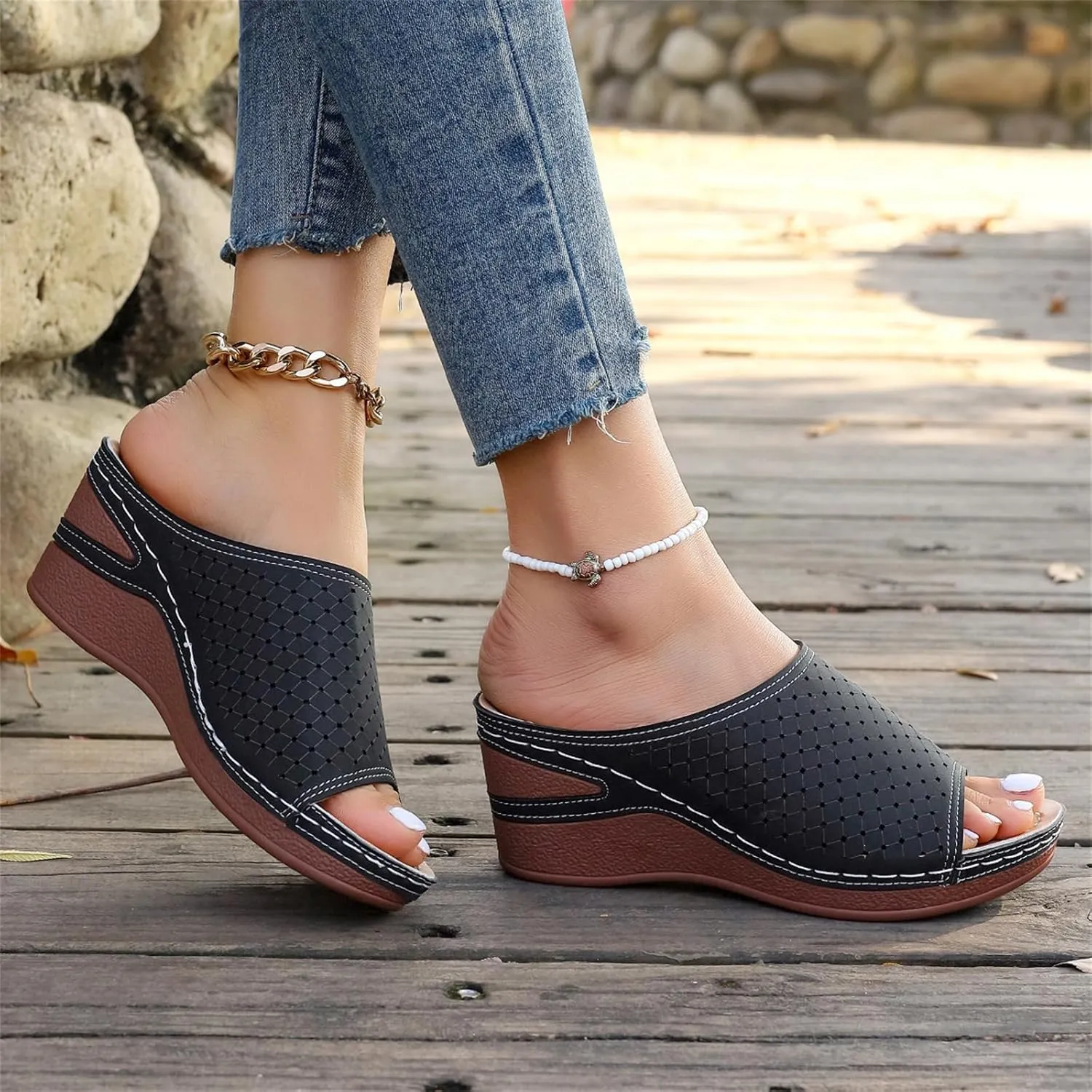 Women's Wedge Open Toe Orthopedic Sandals Comfy Platform Wide Width Slippers Slip-on Beach Sandals