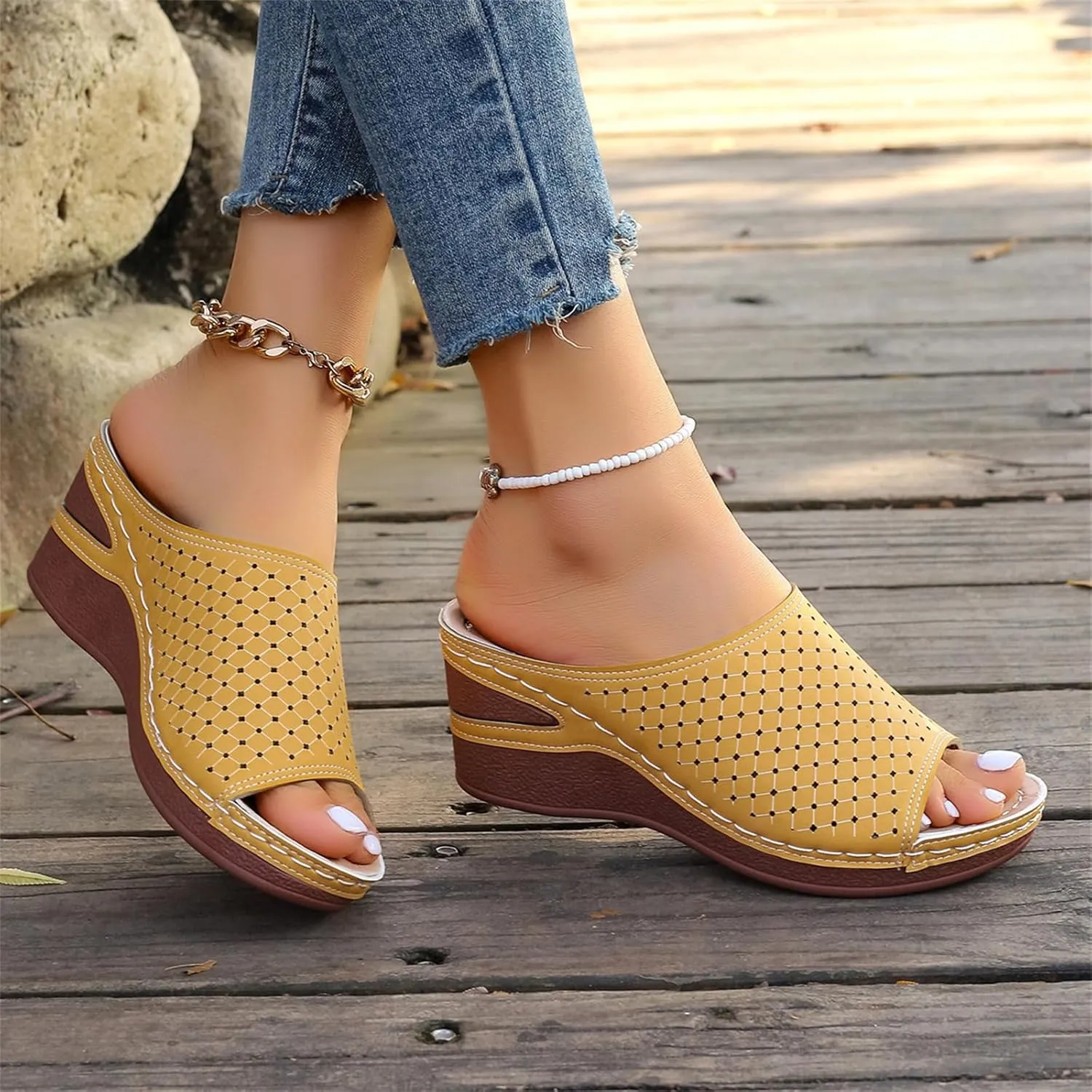Women's Wedge Open Toe Orthopedic Sandals Comfy Platform Wide Width Slippers Slip-on Beach Sandals