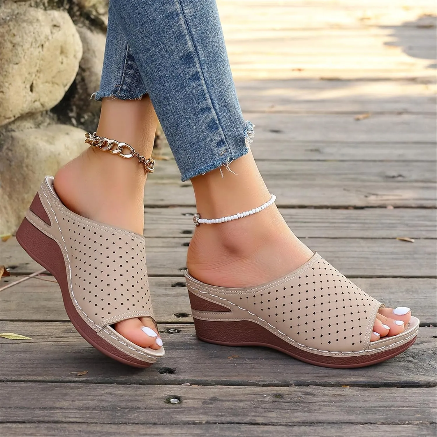Women's Wedge Open Toe Orthopedic Sandals Comfy Platform Wide Width Slippers Slip-on Beach Sandals