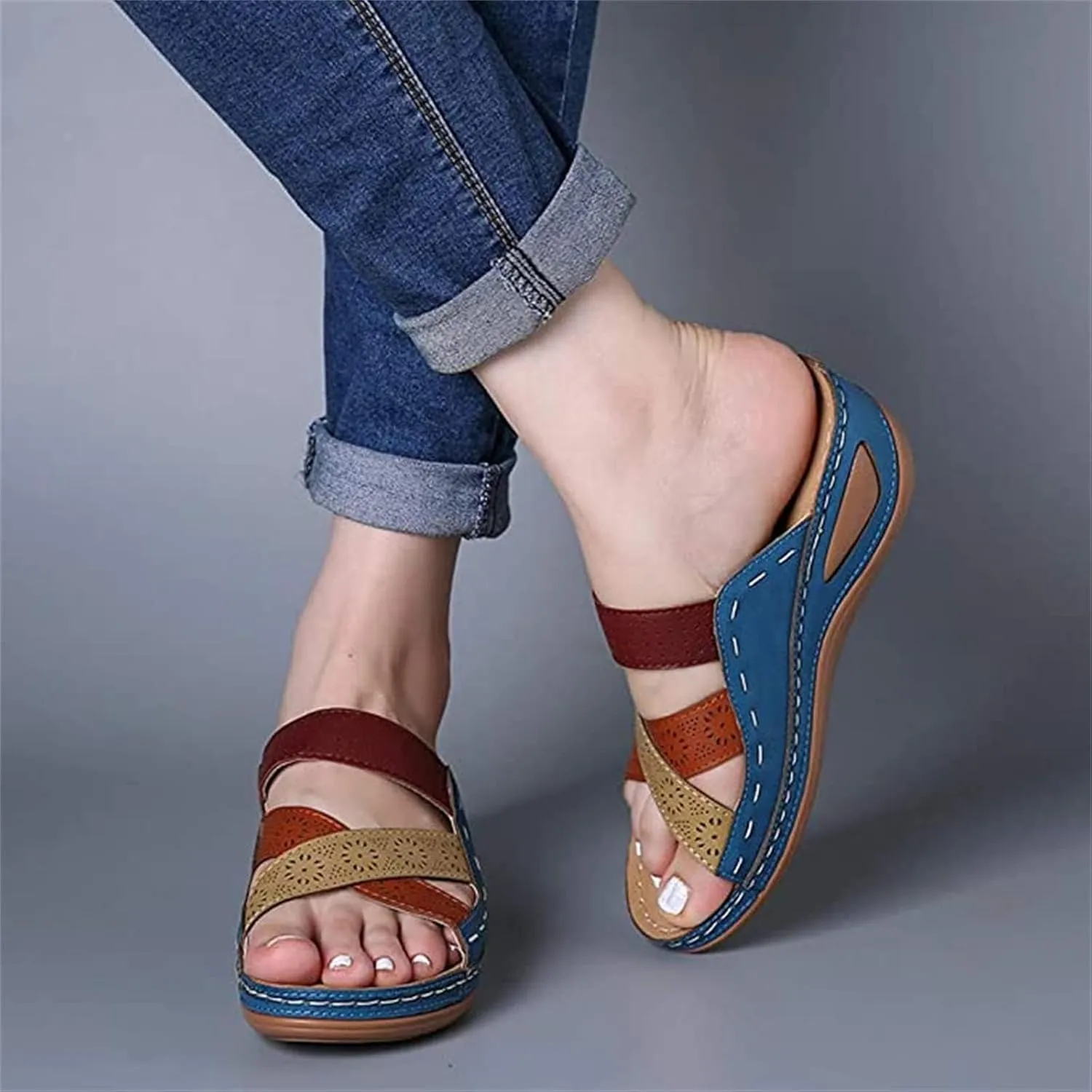 Womens Wide Width Sandals Summer Comfy Platforms Flat Arch Support Orthotic Slides Flip Flops Beach Shoes