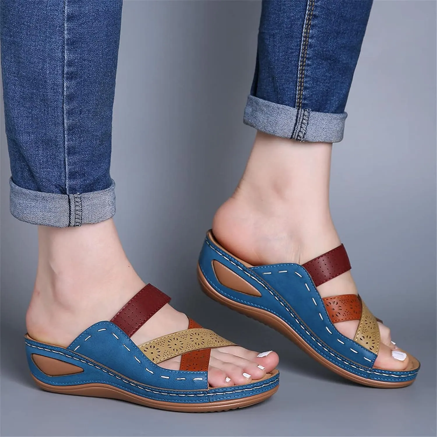 Womens Wide Width Sandals Summer Comfy Platforms Flat Arch Support Orthotic Slides Flip Flops Beach Shoes
