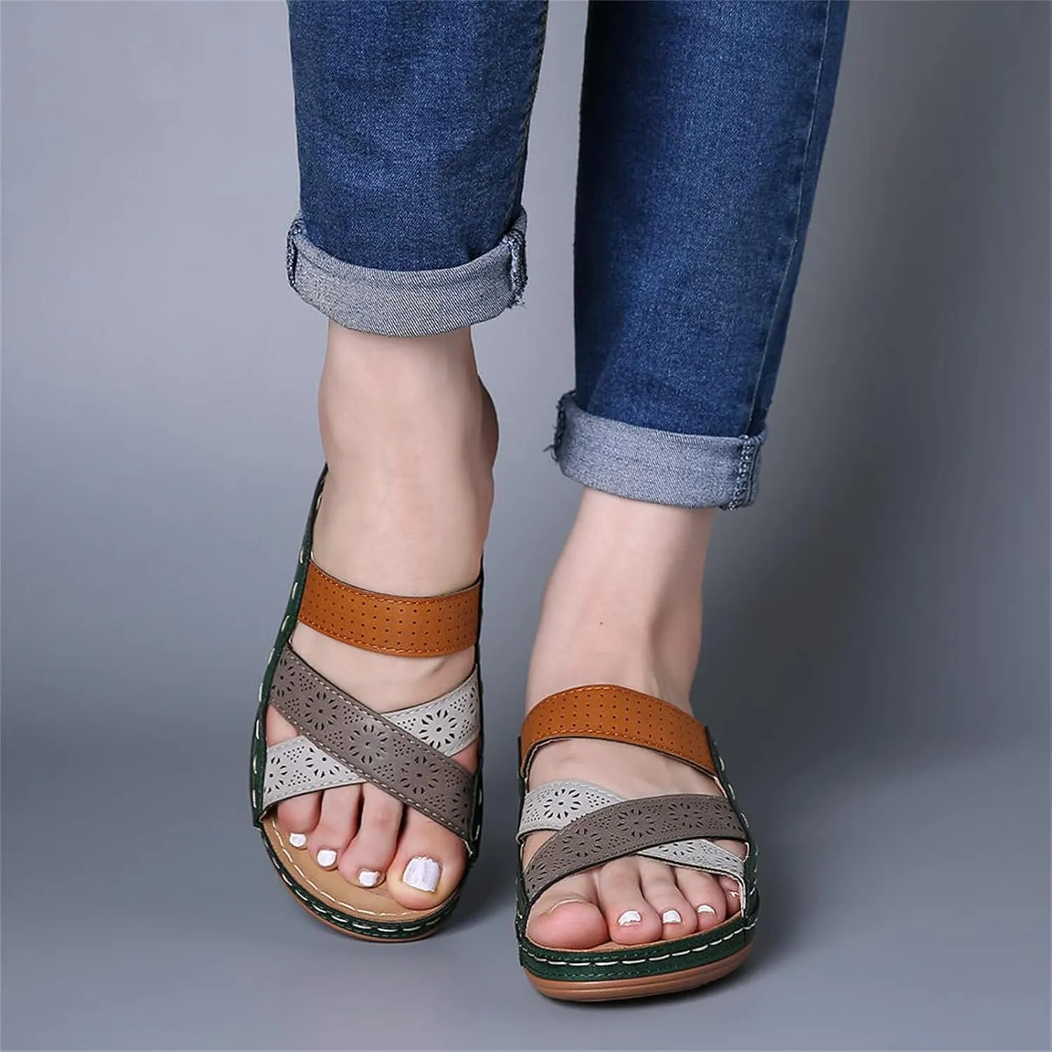 Womens Wide Width Sandals Summer Comfy Platforms Flat Arch Support Orthotic Slides Flip Flops Beach Shoes