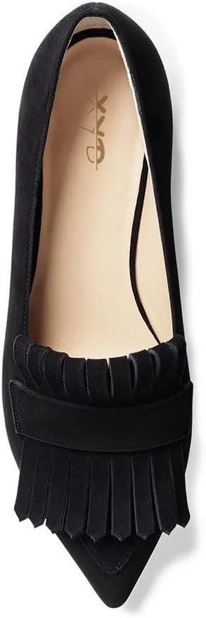 XYD Women Vintage Fringe Dress Flats Pointy Closed Toe Slip Ons Driver Loafers Chunky Low Heel Casual Shoes