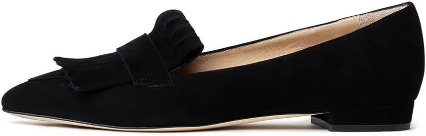 XYD Women Vintage Fringe Dress Flats Pointy Closed Toe Slip Ons Driver Loafers Chunky Low Heel Casual Shoes
