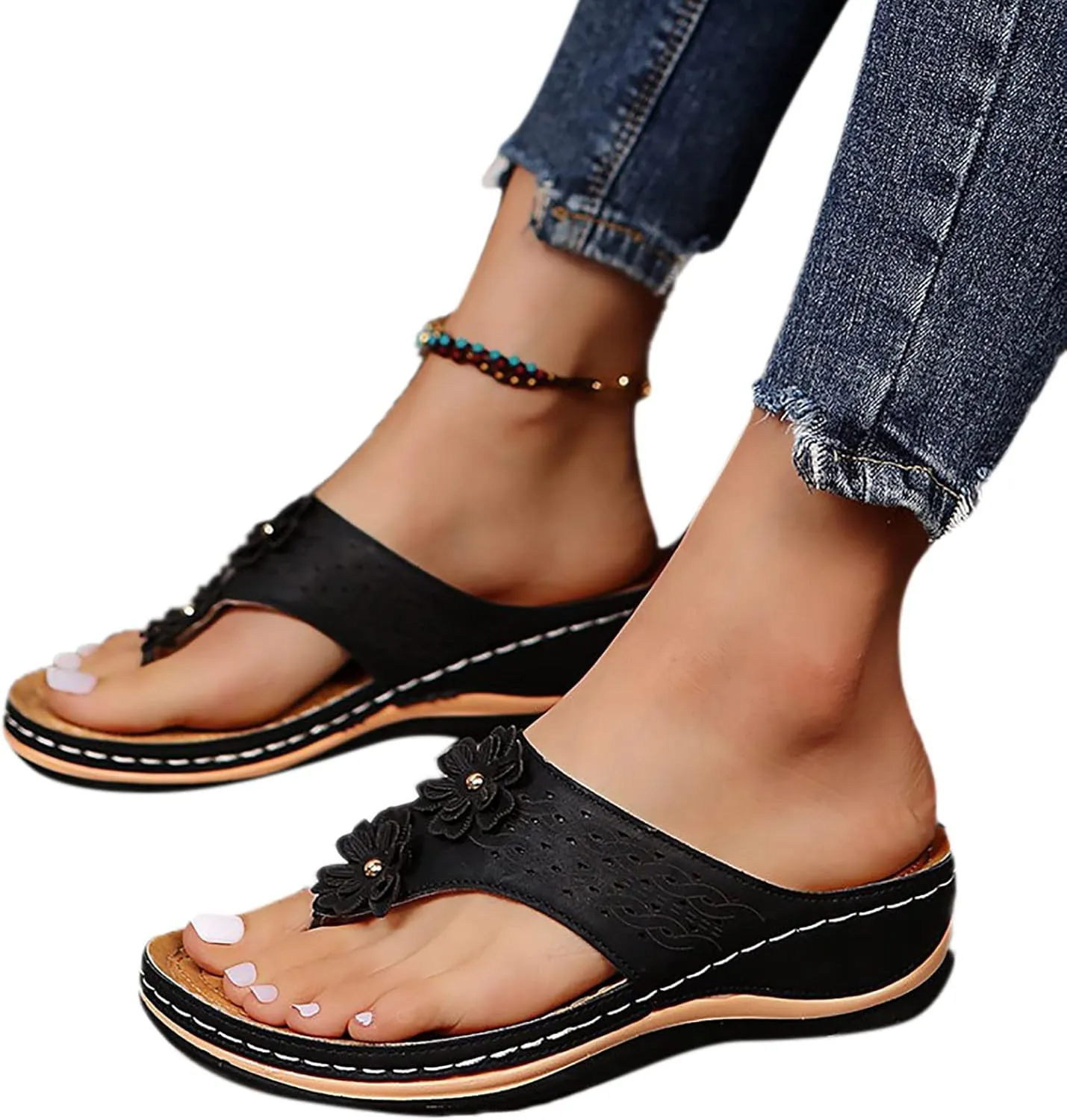 Yanzhenglip Orthopedic Sandals for Women, Women Walking Slippers with Arch Support Anti-Slip Breathable Sandal Slip On Flip Flops Comfortable Orthotic Platform Wedge Sandals