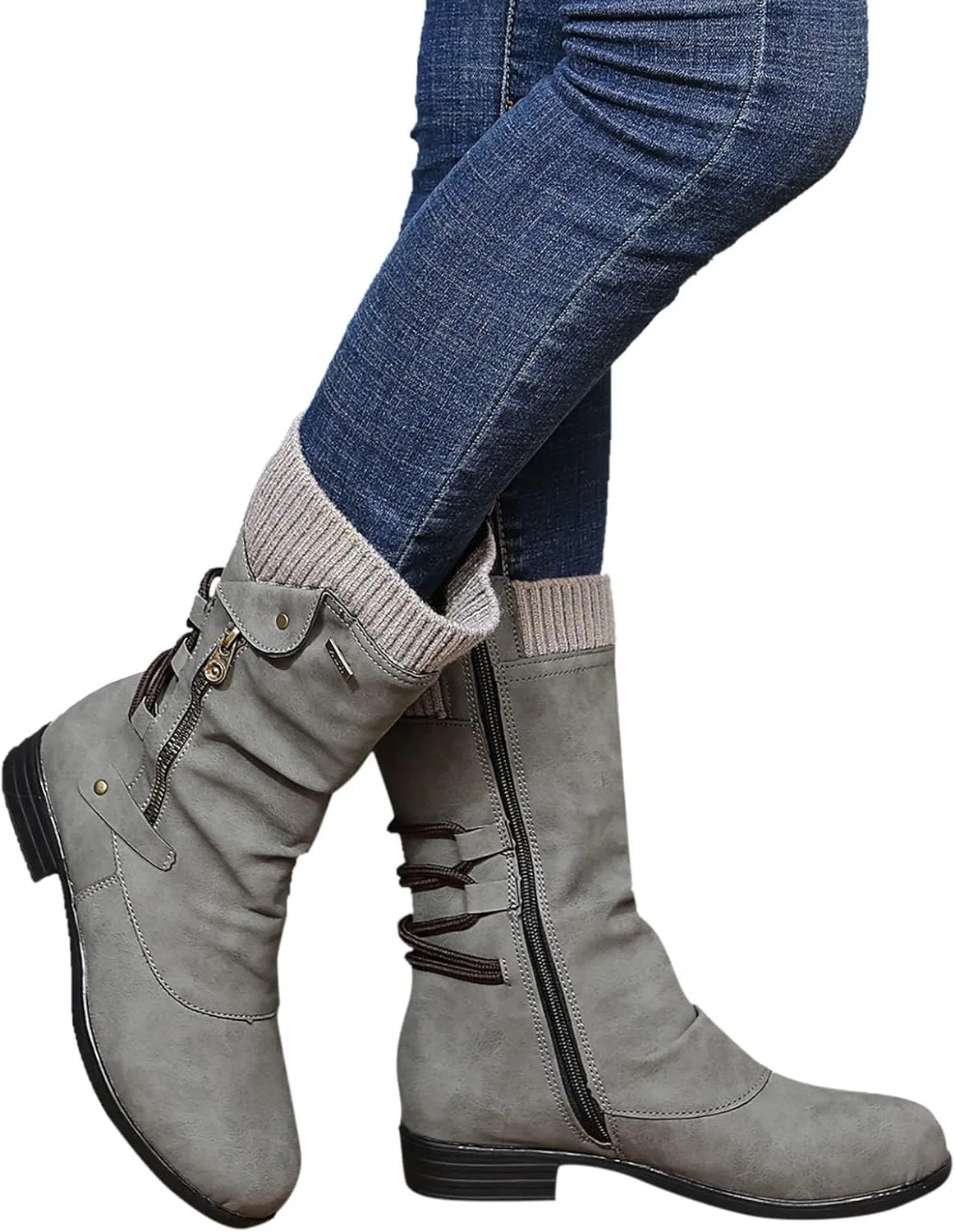 ZDLJYL Women's Knee High Comfortable Boots Suede Slouch Flat Boots for Women with Flat Heel Side Zipper Womens Riding Boots