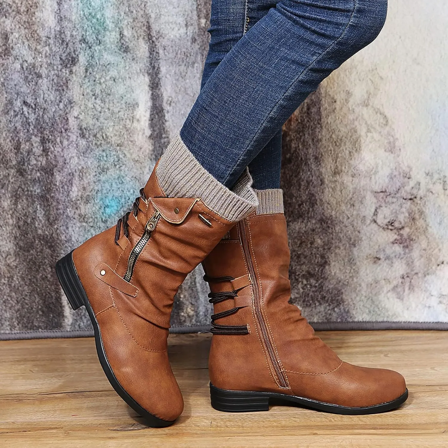 ZDLJYL Women's Knee High Comfortable Boots Suede Slouch Flat Boots for Women with Flat Heel Side Zipper Womens Riding Boots