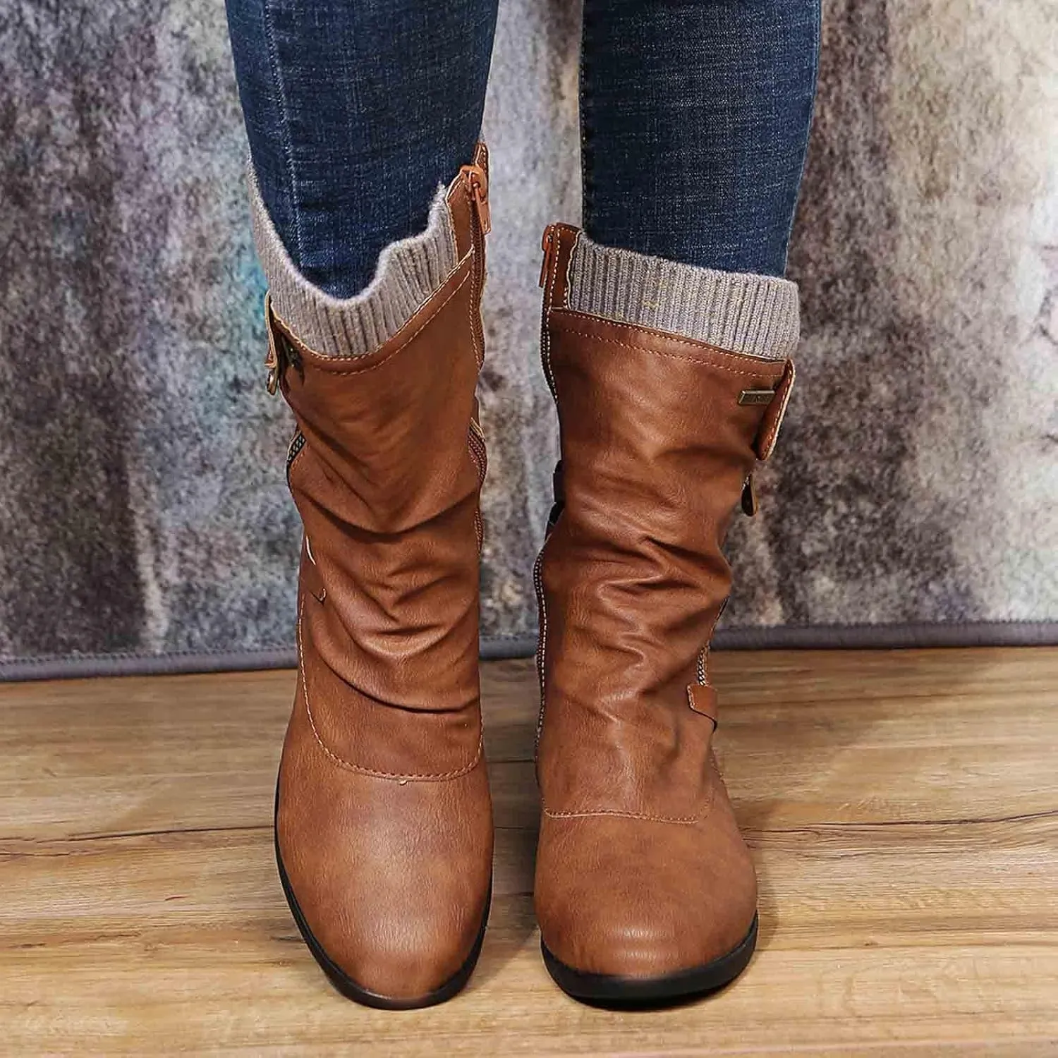 ZDLJYL Women's Knee High Comfortable Boots Suede Slouch Flat Boots for Women with Flat Heel Side Zipper Womens Riding Boots