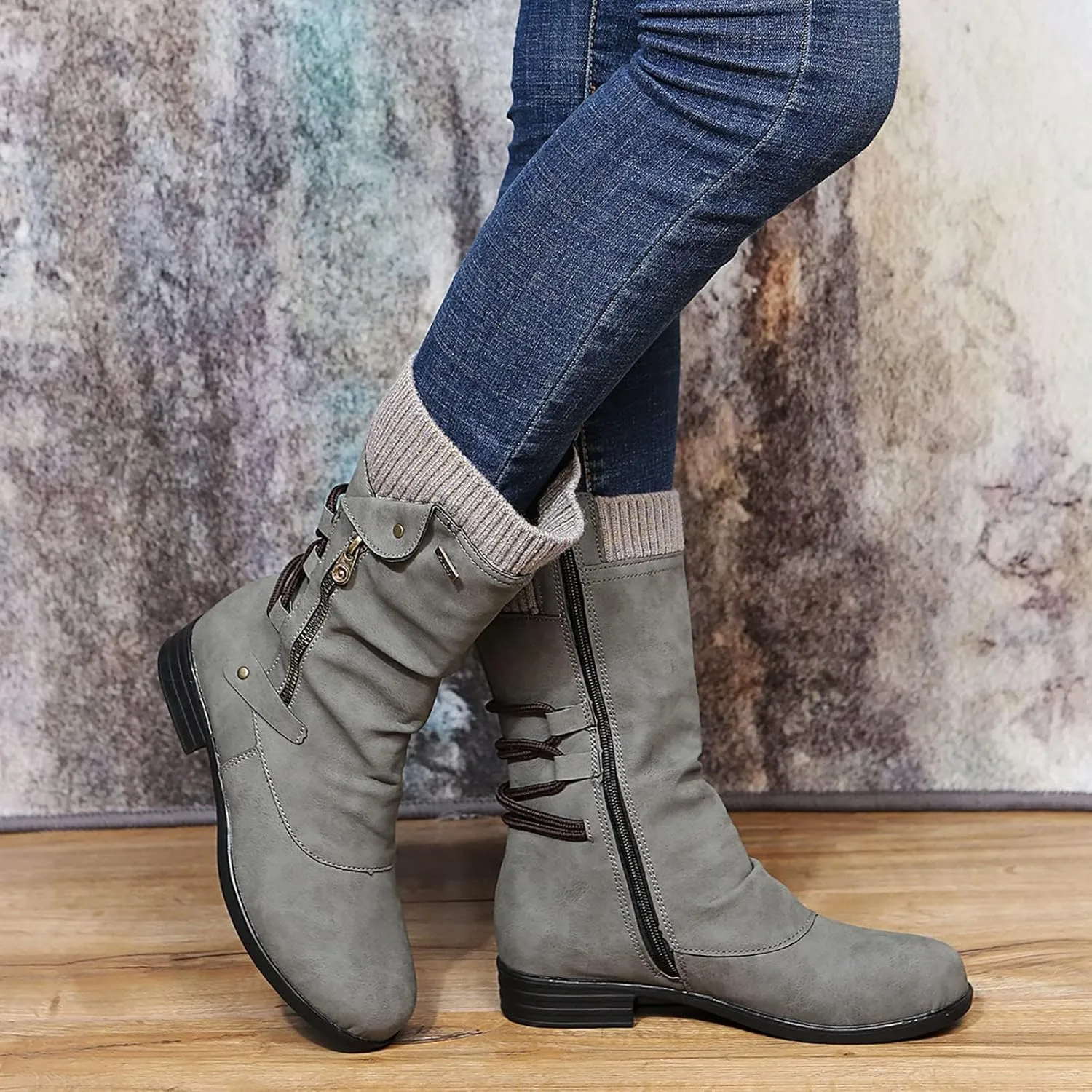 ZDLJYL Women's Knee High Comfortable Boots Suede Slouch Flat Boots for Women with Flat Heel Side Zipper Womens Riding Boots