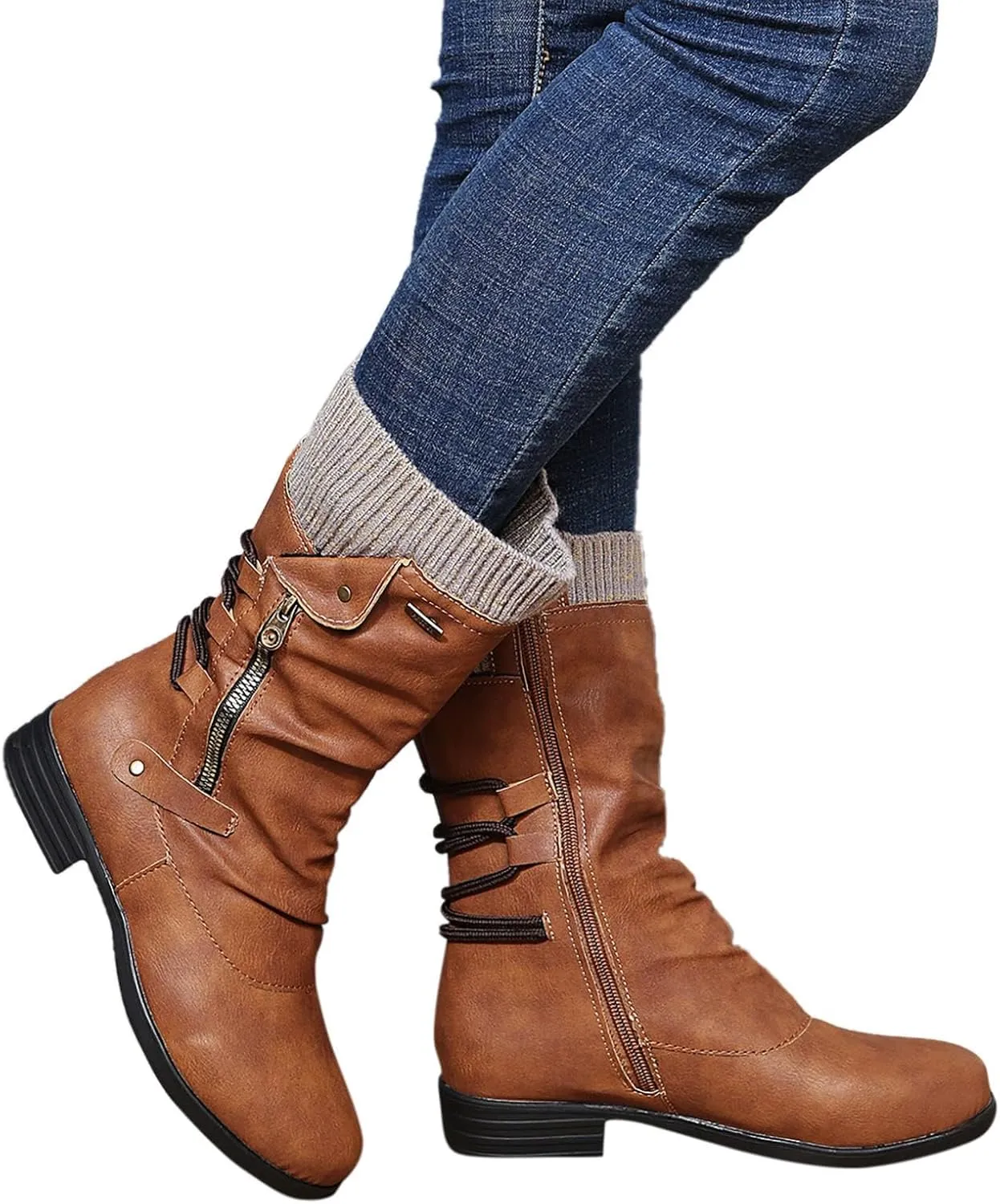 ZDLJYL Women's Knee High Comfortable Boots Suede Slouch Flat Boots for Women with Flat Heel Side Zipper Womens Riding Boots