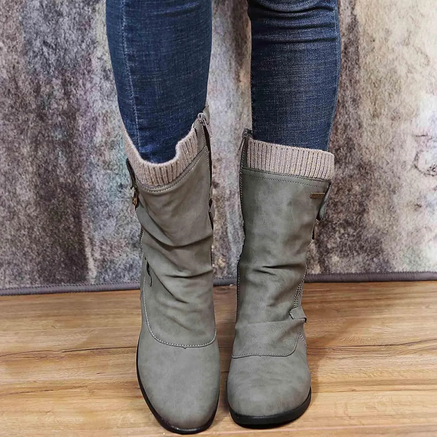 ZDLJYL Women's Knee High Comfortable Boots Suede Slouch Flat Boots for Women with Flat Heel Side Zipper Womens Riding Boots