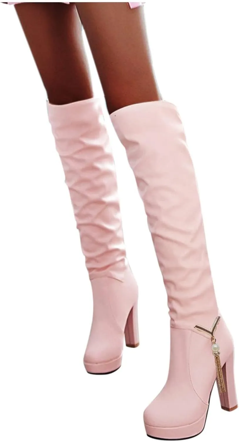 ZDLJYL Women's Thigh High Over The Knee Fashion Boots Block Mid Heel Long Sexy Faux Fur Boots Platform Knee High Boots