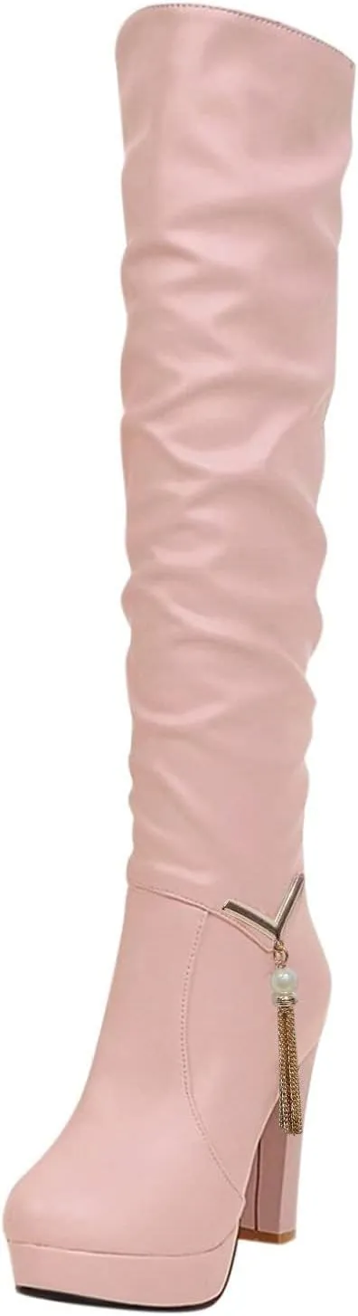 ZDLJYL Women's Thigh High Over The Knee Fashion Boots Block Mid Heel Long Sexy Faux Fur Boots Platform Knee High Boots