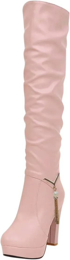 ZDLJYL Women's Thigh High Over The Knee Fashion Boots Block Mid Heel Long Sexy Faux Fur Boots Platform Knee High Boots