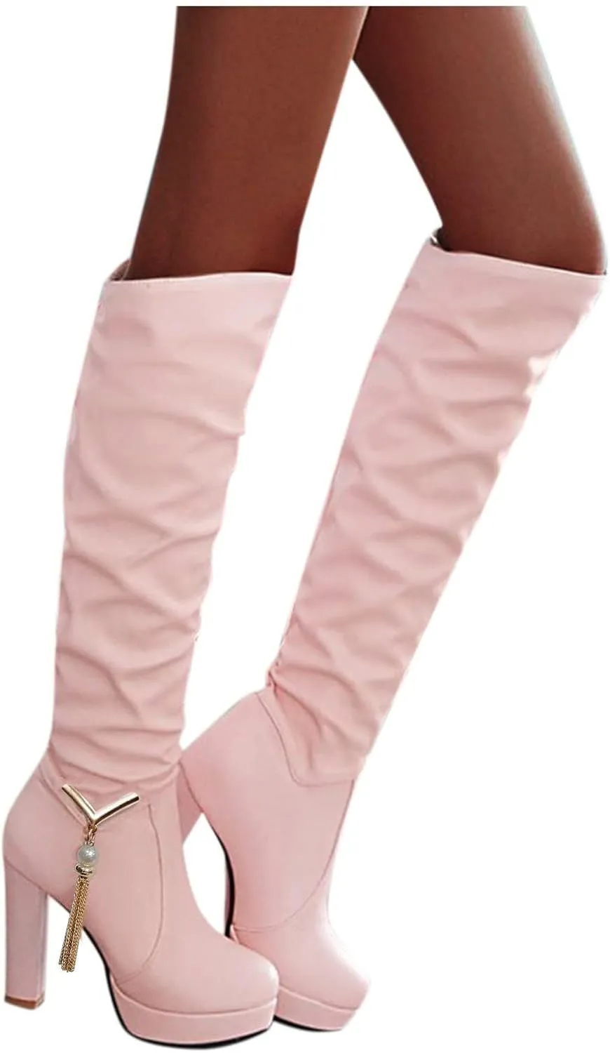 ZDLJYL Women's Thigh High Over The Knee Fashion Boots Block Mid Heel Long Sexy Faux Fur Boots Platform Knee High Boots
